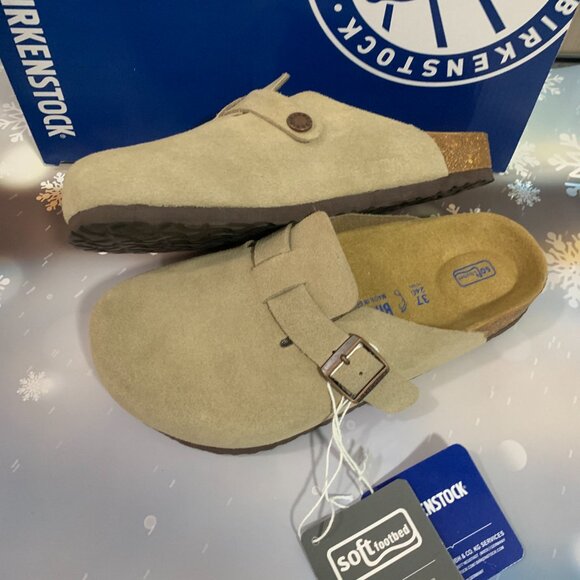 Birkenstock Boston Clog Taupe Suede Shoes Leather Soft Footbed Unisex - Picture 5 of 5